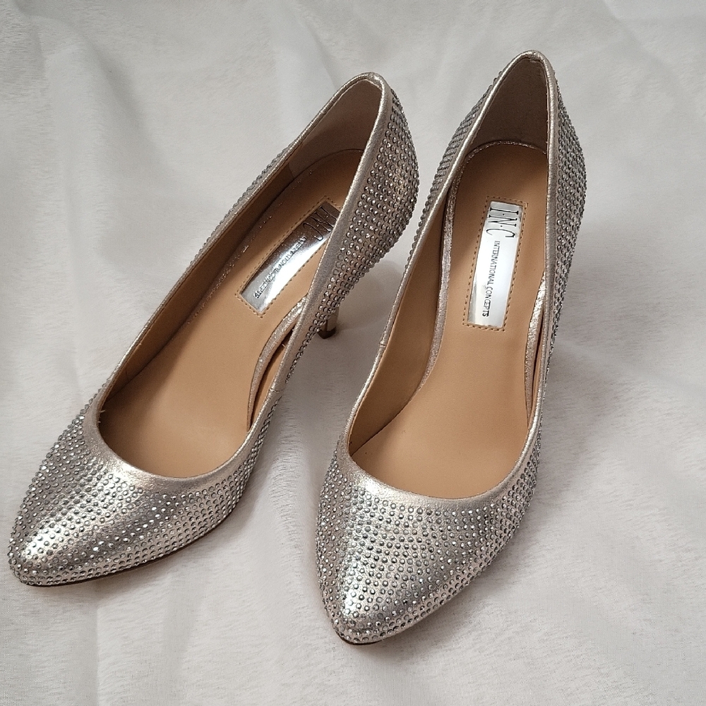 INC International Glamorous Silver Studded Women's Heels 3 Inches, Size 5.5